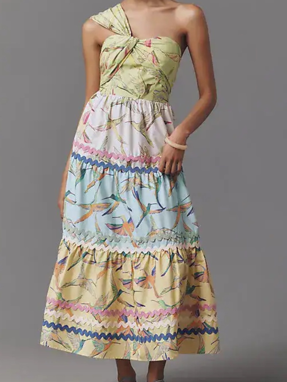 NWT Farm Rio x Anthropologie One Shoulder Tiered Maxi Dress Hummingbirds Large